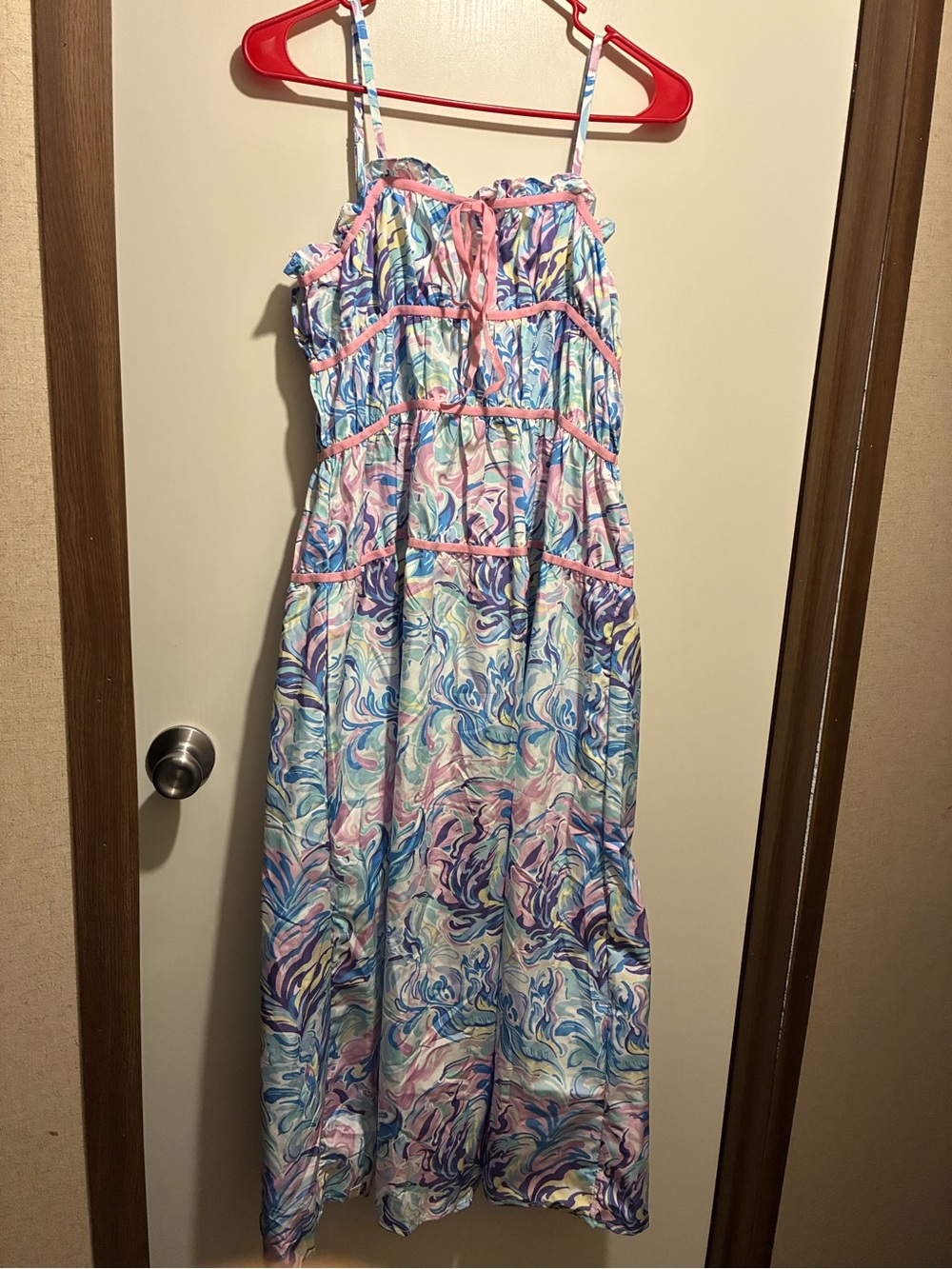 Simply Southern Pastel Swirl Maxi Dress with Pink Trim